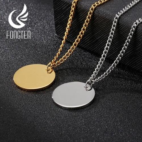 Fongten Round Pendant Necklace Stanless Steel Dog Tags Retro Link Chain Long adjustable Men Necklaces Fashion Jewelry