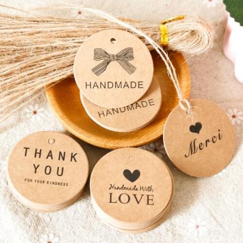 100pcs Retro Round Kraft Paper Tags Merci Handmade Thank You Gift Tags Wedding Party Favor Decor Hang Tags DIY Wrapping Supplies