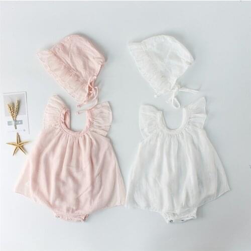 Summer Baby Girls Romper Chiffon Princess Flying-sleeve Dress Romper Sling Romper+hat Girls Party Romper Set