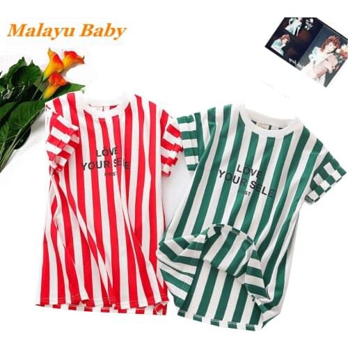 Malayu Baby Korean Fashion Girls Dresses 2021 Summer New Cute Child Striped Letter Printing Loose Casual Clothing 2-6 Years