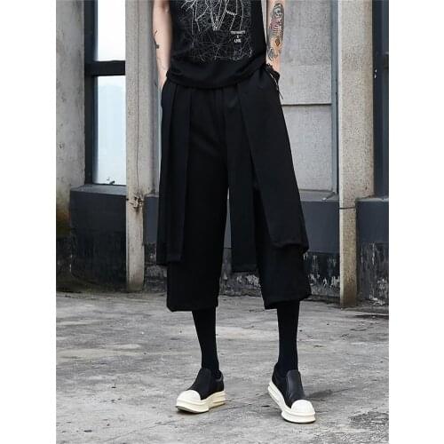 Original cold style fake two pieces of dark loose wide-leg trousers skirt pants mens abstinence nine-point casual pants