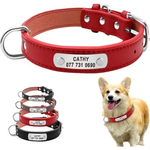 Leahter Dog Collar Customized Personalized Pet ID Collar Engraved Nameplate Antilost Adjustable For Small Medium Dogs