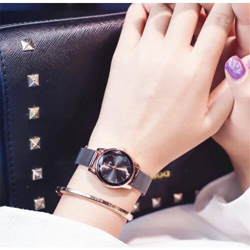 Luxury Cut Surface Design Women Fashion Watches Black Mesh Strap Ladies Wristwatches Qualities Rose Gold Female Quartz Watch