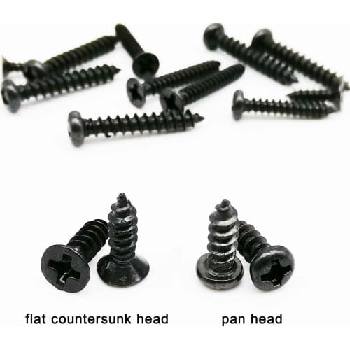 100pc M1 M1.2 M1.4 M1.7 M2 M2.6 M3 M3.5 Black Steel Small Phillips Flat Countersunk Cross Round Pan Head Self-tapping Wood Screw