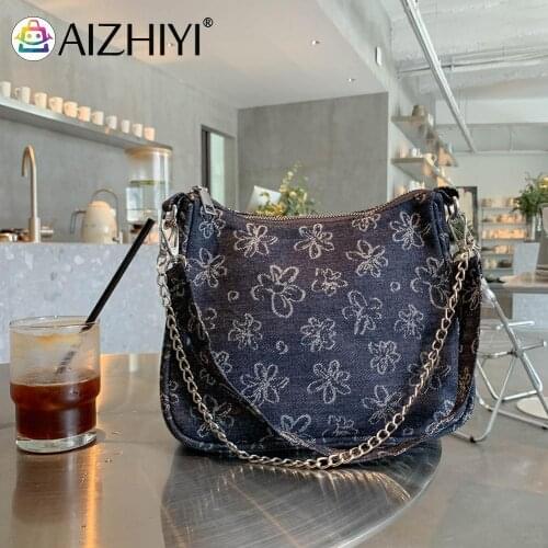 Vintage Women Flowers Printing Shoulder Underarm Bag Ladies Casual Chain Small Purse Handbags