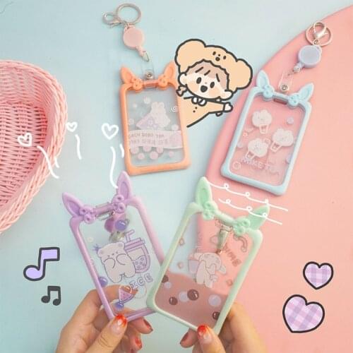 Women Retractable Card Holders Transparent Name Card Cover Case for Students Cute Rabbit Bear Girls School Badge ID Pass Holder