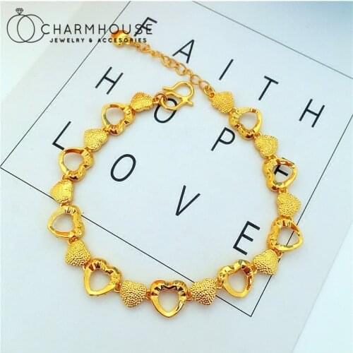 Yellow Gold Color Bracelets For Women Love Heart Charm Bracelet & Bangles Wristband Pulseira Femme Wedding Bridal Jewelry Gifts