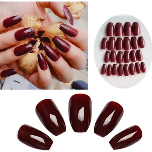 100PC Ballerina Fake Nails Full Cover Nail Tips Wine Red Pink Purple Candy Color Acrylic Artificial Coffin shape False Nail