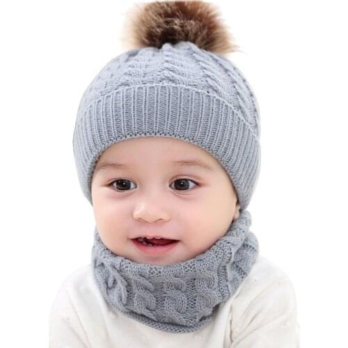 2Pcs Girls Boys Cap+Scarf Set Toddler Baby Winter Warm Fur Ball Hats O Ring Scarves Kids Knitted Beanie Cap+Scarf Keep Warm Set