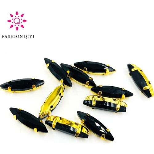 4x15mm Black Horse eye shape 50pcs/pack Glass Crystal Gold bottom sew on claw rhinestones with holes diy Sewing On Garment