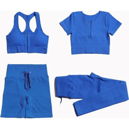 Seamless Sport Bras Zipper Short Sleeve Fitness Tops Bandage Running Shorts Gym Training Leggings Vertical Lines Sportswear