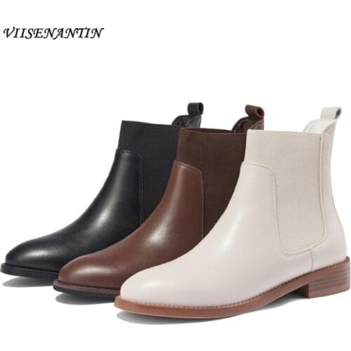 Chelsea Short Boots Womens Leather New Round Head Flat Elastic Mouth British Style Martin Boots Summer Thin Single Boots