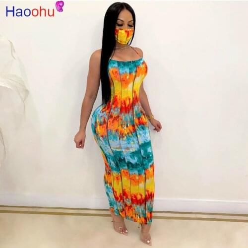 HAOOHU Sexy Tie Dye Long Bodycon Maxi Dress with Mask Women Summer Clothes Elegant Backless Bandage Night Party Club Dresses