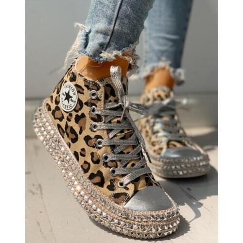 Woman Spring Leopard Print Canvas Fashion Sneakers Rhinestone Sequin Flat Wild Womens Shoes Youth Casual Shoes Plus Size 43