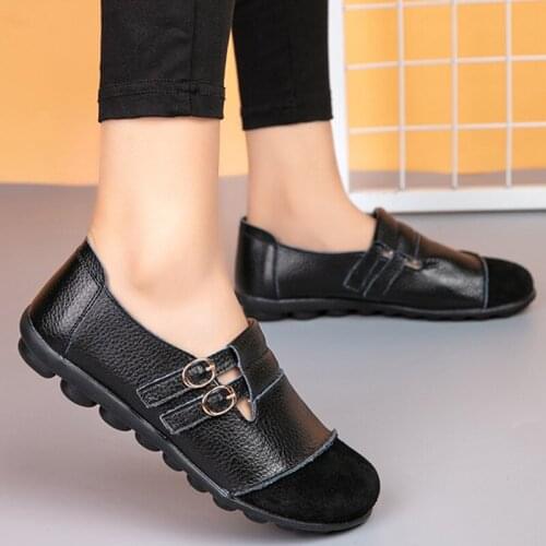 Women Genuine Leather Nude Flat Casual Shoes Womens Sneakers Buckle Woman Platform Breathable Ladies Lazy Shoes Chaussure Femme