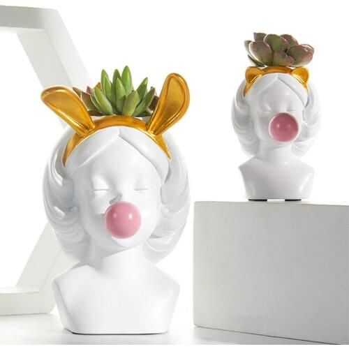 Small Cute Nordic Resin Human head Golden vase woman bubble gum vase living room Decoration Flower arrangement Creative