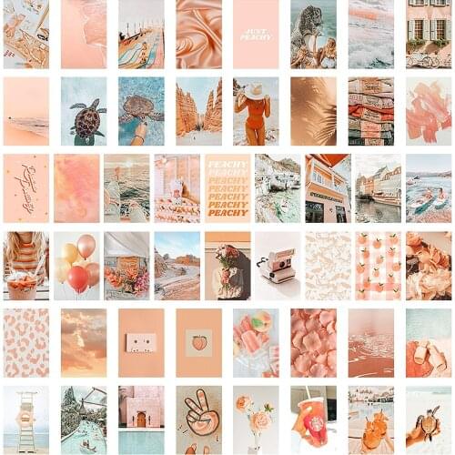 50Pcs Peach Beach Aesthetic Picture for Wall Collage Boho Style CollageS Print Kits Teal Color Bedroom Decorations for Girls