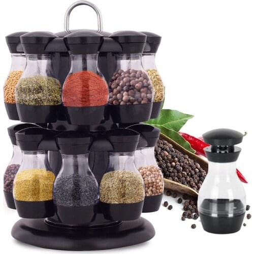 16Pcs Condiment Set 360 Rotating Spice Jar Rack Kitchen Cruet Condiment Bottle Coffee Sugar Seal Jar Container Rack Organizer
