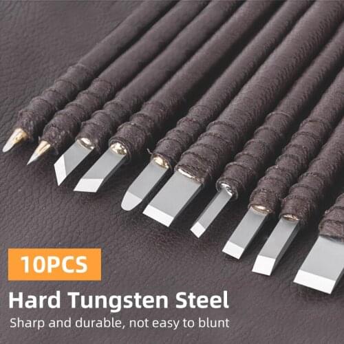 Hand Tools Tungsten Steel Carving Knife Set Seal Stone Graver Lettering Engraving Tool with Leather Handle+ Leather Bag