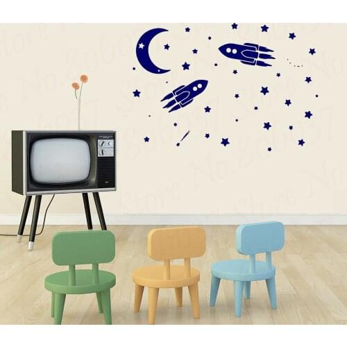 Rocket Ship Wall Decals Space Moon and Stars Decal Nursery Baby Boy Room Vinyl Sticker Window Home Mural Decor WL1586