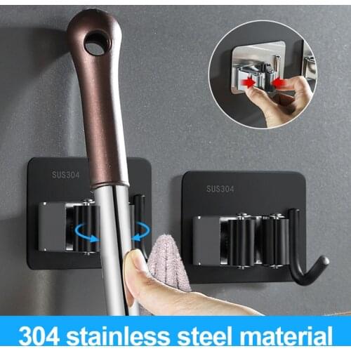 Wall Mounted Mop Organizer Clip Self-Adhesive Broom Hanger Storage Rack Stainless Steel Mop Clip for Bathroom Strong Hooks