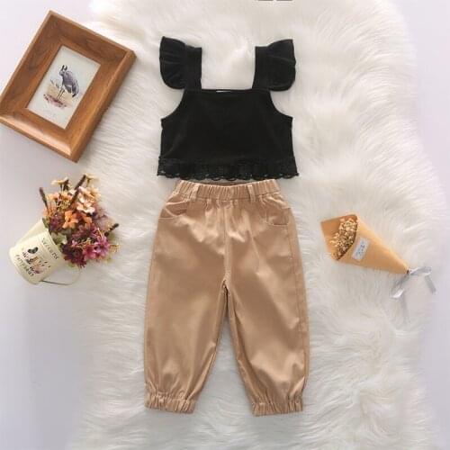 Baby Girl Clothes Summer Kids Outfits Elastic lace trim flying sleeve Tops Elasticated sports trousers child Infant Clothing Set