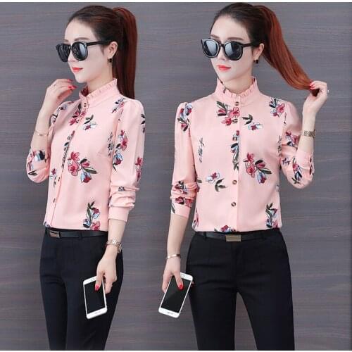 Office lady pink shirts floral v-neck long-sleeved slim all match female women work shirts 2020 summer new outwear tops