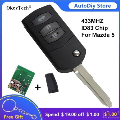 Okeytech 3 Buttons For Mazda 2 3 5 6 RX8 MX5 Remote Control Flip Folding Car Key 433MHz ID83 4D63 Transponder Chip Uncut Blade