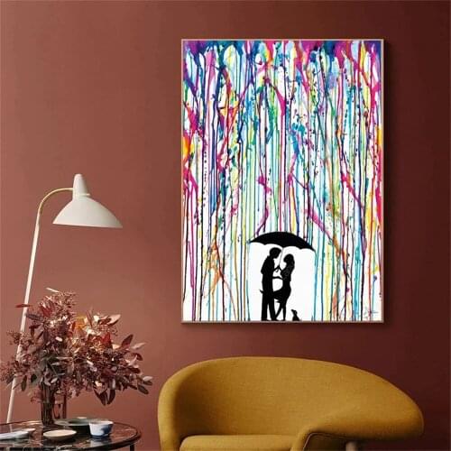 Couple and Dog Under Umbrella Graffiti Wall Art Canvas Posters Prints Watercolor Wall Picture for Living Room Home Decor Cuadros