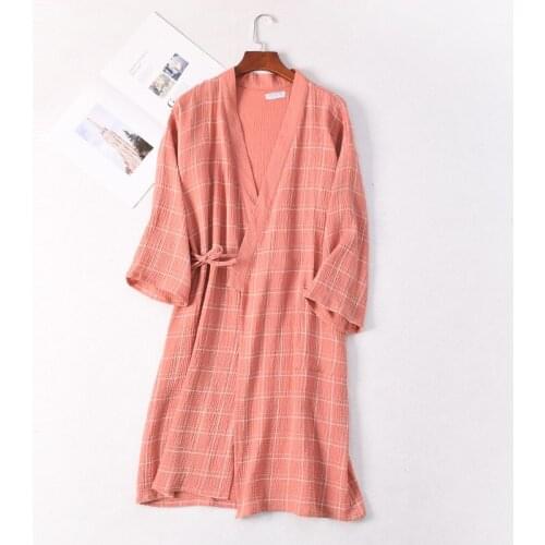 Couples Gauze Kimono Robes Plaid Bathrobe Homewear Long Sleeve Cotton Long Robe Women and Men Sleep Tops Loose Soft Sleepwear
