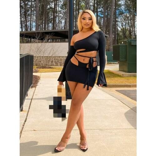 JRRY Sexy Women Skirt Set Flare Sleeve Holes Sashes Crop Top Mini Skirt 2 Pieces Set Skinny Elastic Outdoor Wear