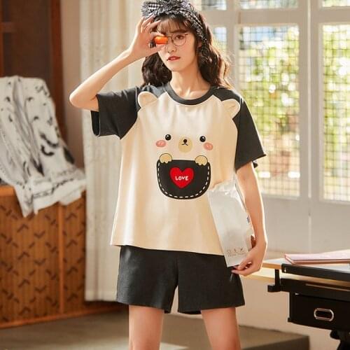 Spring Summer Patchwork Round Neck Cute Ladies Casual Soft Loose Sleepwear Animal Cartoon Print Kawaii Sleepwear Home Wear Suit