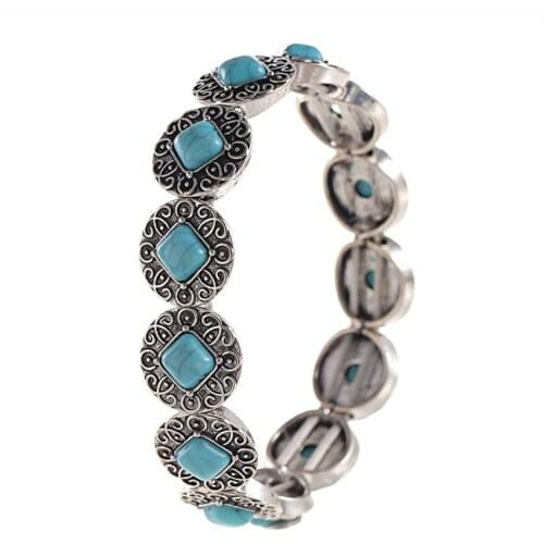 Silver Plated Stackable Rhombus Shape Green Turquoises Stone Bracelet for Anniversary Gift Jewelry