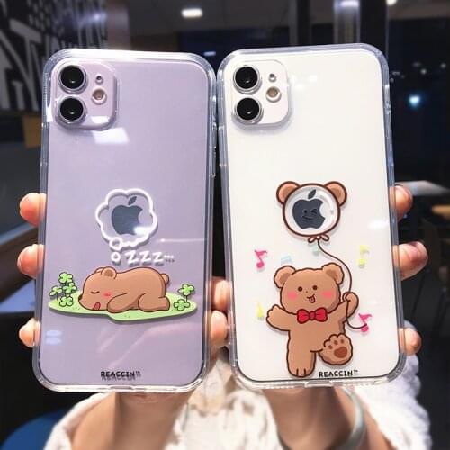 Cute Cartoon Animal Bear Clear Phone Case For iPhone 12 Pro Max Mini 11 X XS XR 7 8 Plus Funny Couple Transparent Soft TPU Cover