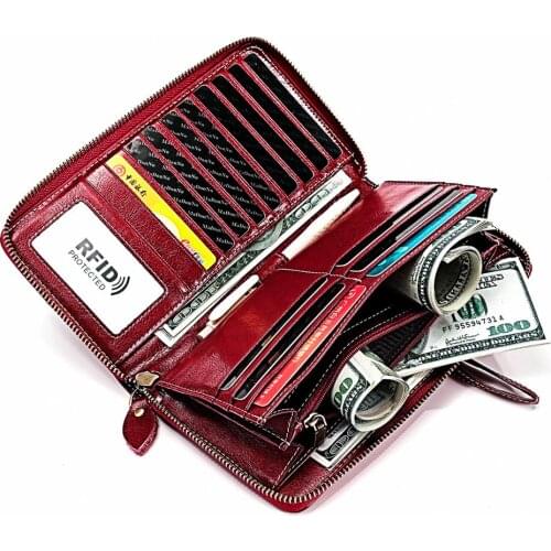 RFID Design Women Clutch Wallets Genuine Leather Womens Long Wallet Zipper Coin Purse Crazy Horse Cowskin Money Phone Bag