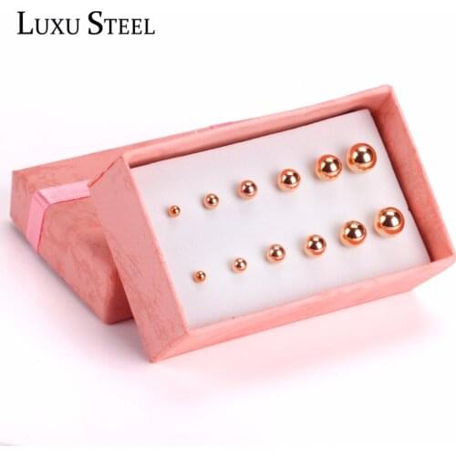 LUXUSTEEL Stud earrings Fashion Smooth Gold/Steel/Rose/Black Round Ball Mixed Size 6pairs/Boxes Earring Sets inoxidable