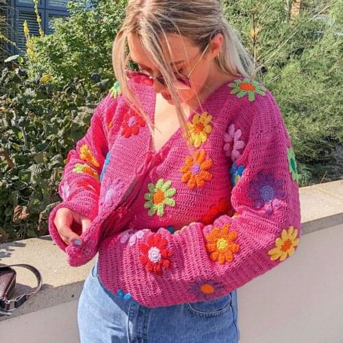 European and American new sweater handmade knitted crochet Jennie the same flower V-neck cardigan autumn and winter wear women