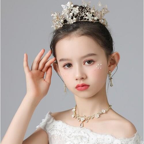 Gold Kid Tiaras And Crowns Butterful Luxury Crystal Wedding Party Pearl Children Bridal Hair Accessories Headdress Hairbands
