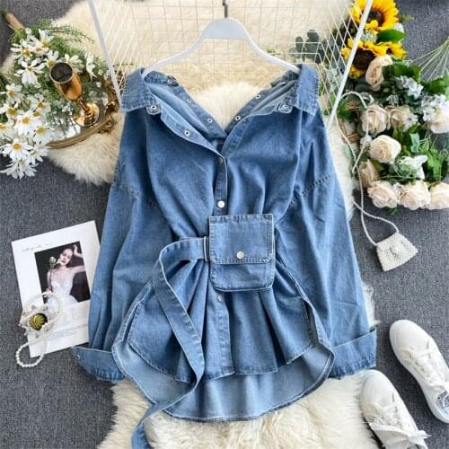 2020 Spring Autumn Slim Women Long Sleeve Denim Dress Sexy Lady Backless Dresses Blue Sashes Dress Vestidos Outwear Mini 1132