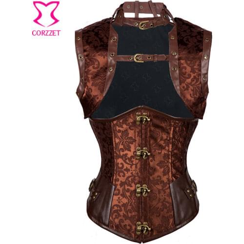 Vintage Brown Brocade Steampunk Corset Underbust Bustier Guepiere Steel Corsets and Bustiers Sexy Burlesque Costume With Jacket