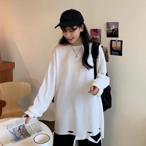 WERUERUYU Ripped Hole Hip Hop Long Sleeve T Shirt Oversized Hollow Tee Top Womens Korean Style Vintage Bottoming