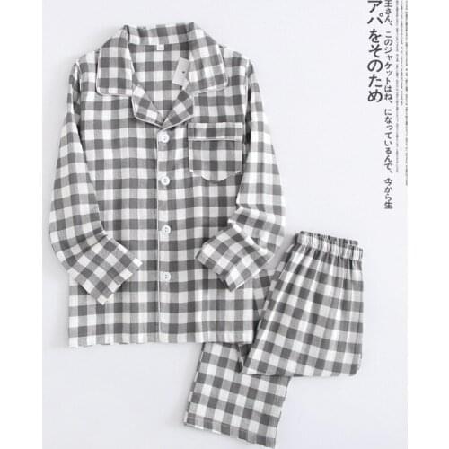 Japanese Simple plaid 100% gauze cotton lovers pajama sets women and men family Parent-child outfit long sleeve sleepwear men