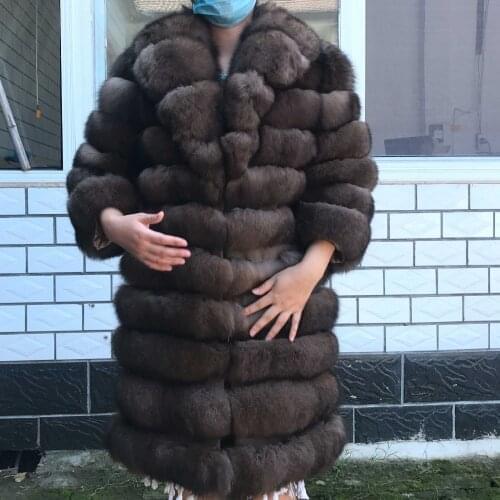 Suit collar Winter Real Fox Fur Coat Thick Warm Imitation Sables Womens Light Brown Long Jacket The fox fur Coat