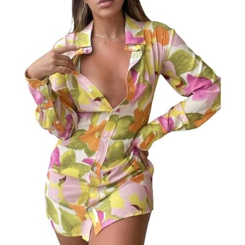 Summer Ladies Sexy Shirt Dress Women Club Floral Printing/Color Matching Lapel Long Sleeve Mini Dress Streetwear