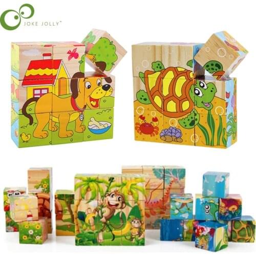 Free Shipping Children Wooden Cartoon Animal Puzzle Toys 6 Sides Wisdom Jigsaw Early Education Toys Parent-Child Game