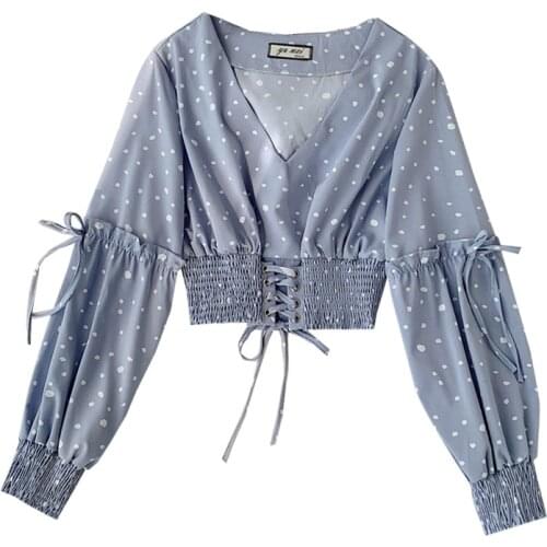 Vintage Polka Dots Blouse Women and Top V Neck Drawstring Chiffon Spring Slim Wasit Short Tops Shirt Blusa Mujer Tunika Femme