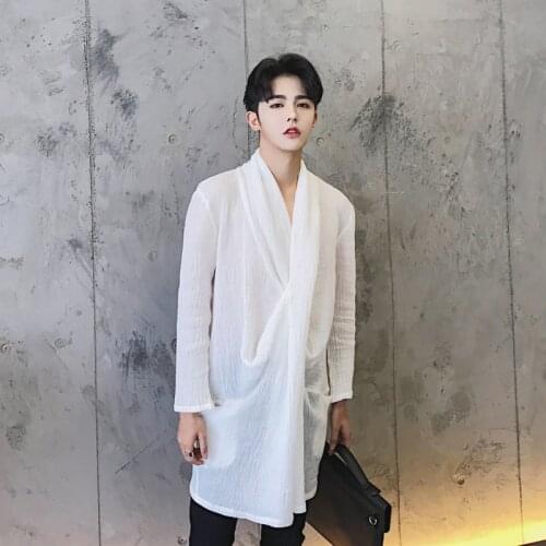 Literary Folds Cotton Long Pajamas Long-sleeved Shirt Men Thin Section Outside Nightclub Tops Mens Dress Shirts Men Clothes 2020