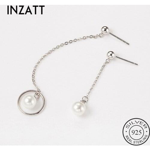 INZATT Personality Asymmetry Geometric Round Natural Pearl Drop Earrings 925 Sterling Silver Fine Jewelry Chain Tassel Romantic