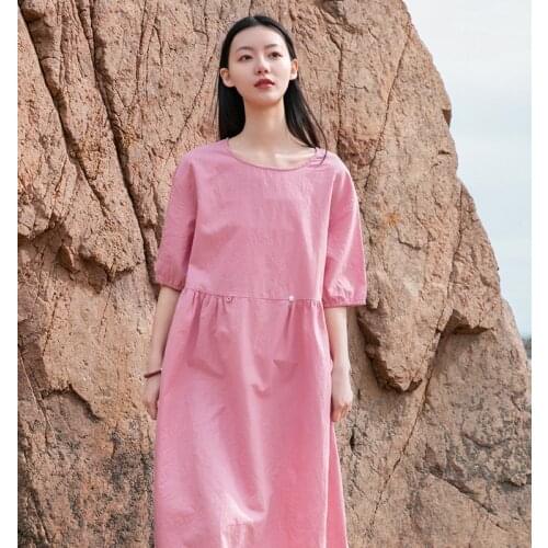 Johnature Women Dress O-Neck Ramie Half Sleeve Korean Style 2021 Summer New Solid Color Loose Vintage Linen Dress