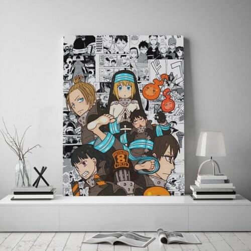 Fire Force anime collage Framed Canvas poster Painting wall Art decor room Bedroom Study Home Wooden Frame Decoration Prints